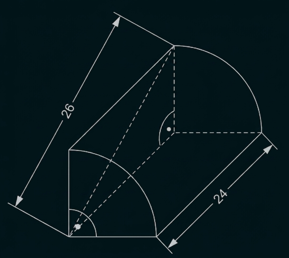 Geometrische Skizze eines Körpers mit Maßangaben und Kreis- bzw. Bogenlinien.